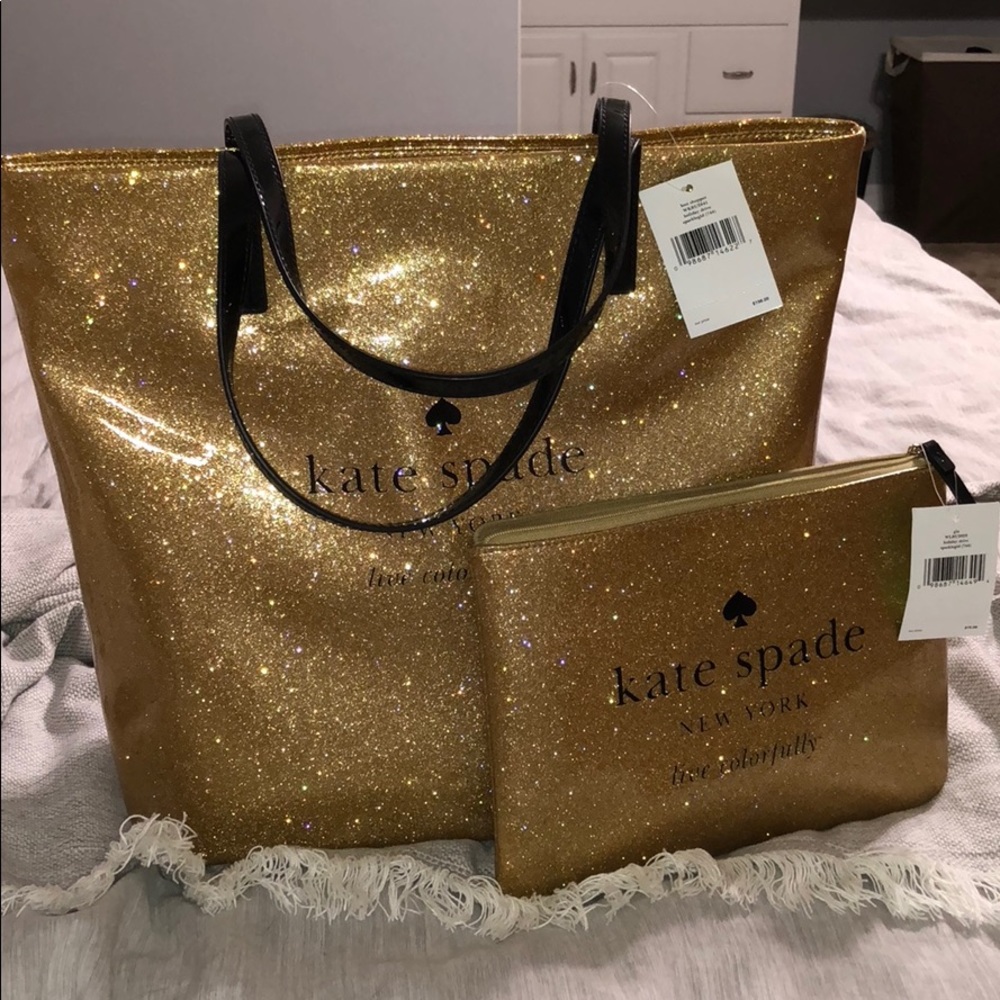 Gold glitter Kate Spade purse and cosmetic bag